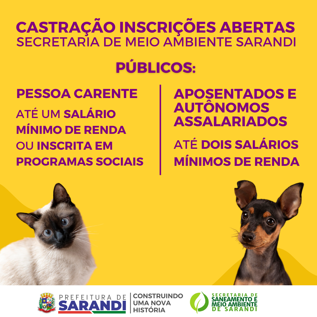 Inscrições abertas para Castração de Animais